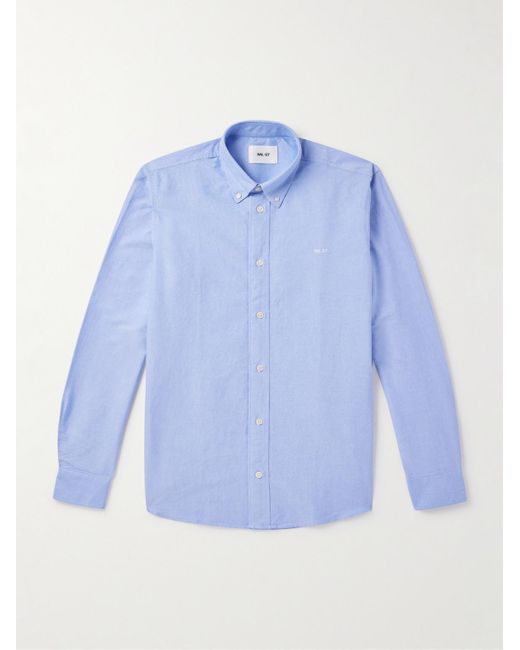 Colby 5910 Button-Down Collar Logo-Embroidered Organic Cotton Shirt di NN07 in Blue da Uomo