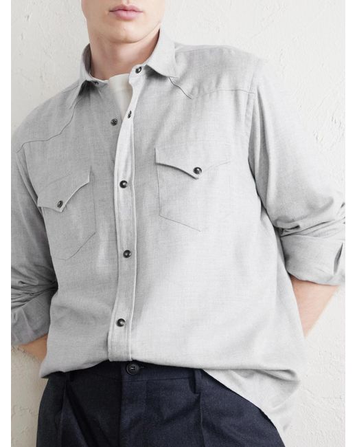 Canali White Lyocell And Cotton-Blend Herringbone Shirt for men