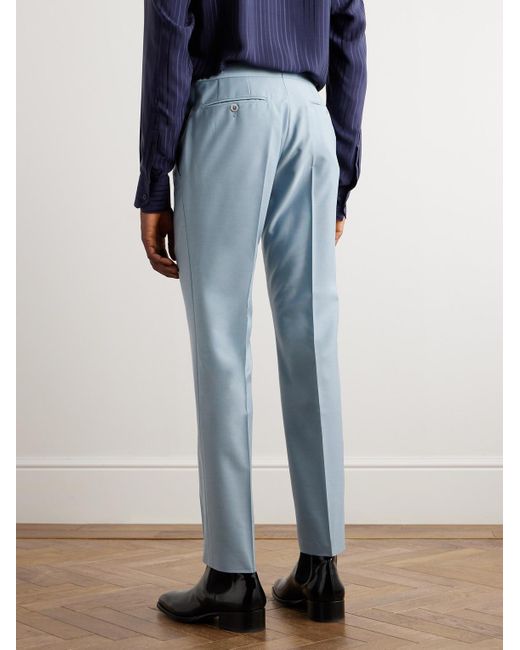 Tom Ford Blue Slim-fit Tapered Belted Wool And Silk-blend Twill Trousers for men
