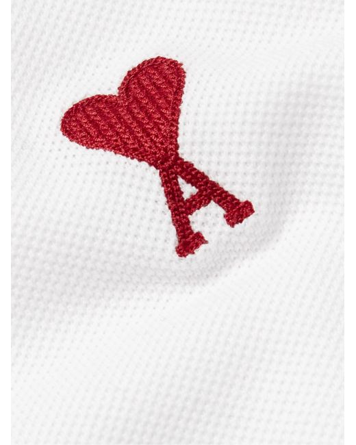 AMI White Logo-Embroidered Organic Cotton-Piqué Polo Shirt for men