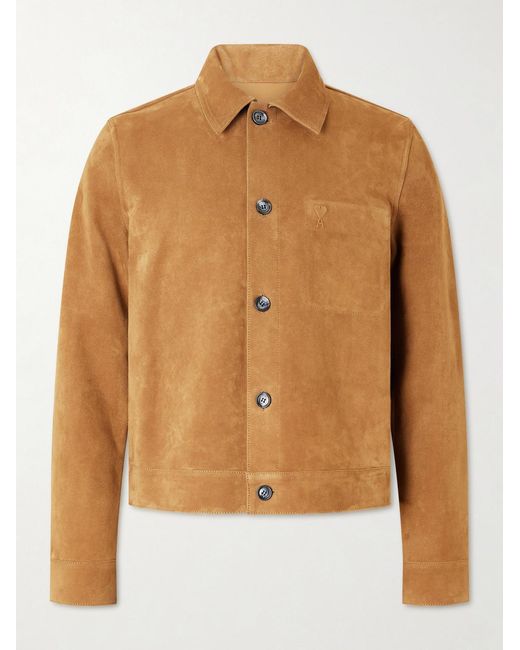 AMI Brown Logo-Embossed Suede Jacket for men