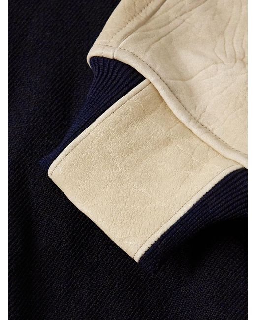 Visvim Blue Embroidered Wool And Linen-Blend Twill And Full-Grain Leather Varsity Jacket for men