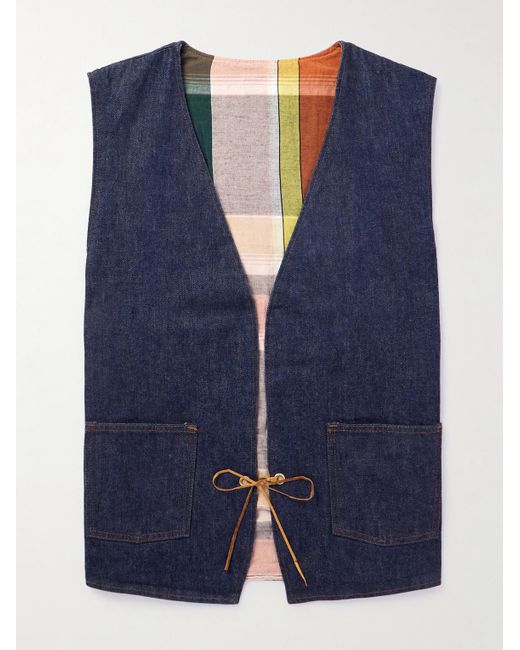 Orslow Blue Hippie's Reversible Denim And Checked Cotton And Linen-blend Gilet for men
