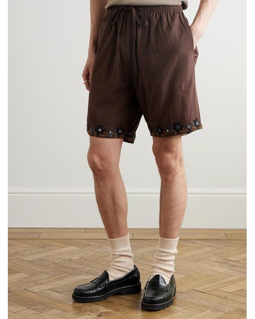 Kartik Research Brown Embellished Embroidered Cotton Shorts for men