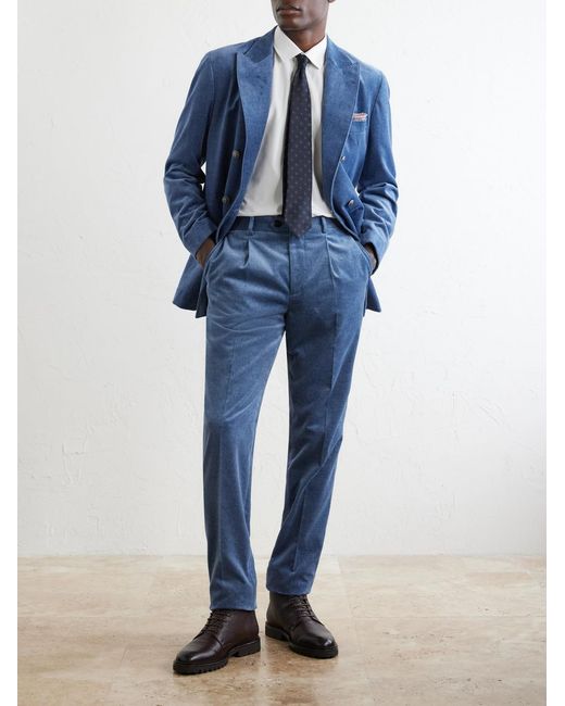 Brunello Cucinelli Blue Straight-Leg Pleated Cotton-Velvet Suit Trousers for men