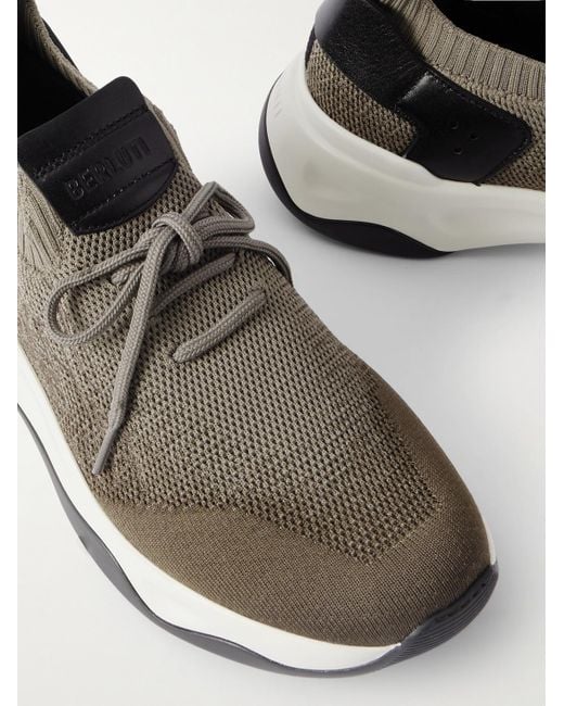 Berluti White Shadow Scritto Venezia Leather-Trimmed Stretch-Knit Sneakers for men