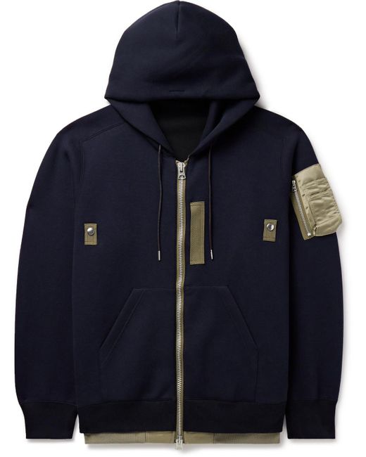 Sacai Blue Nylon-trimmed Cotton-blend Jersey Zip-up Hoodie for men