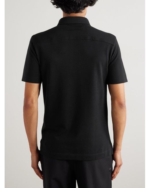 Zegna Black Leather-Trimmed Cotton-Piqué Polo Shirt for men