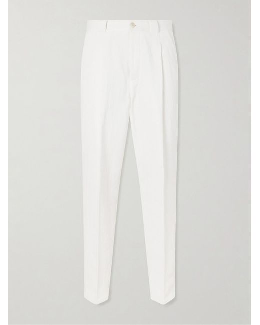 Brunello Cucinelli White Straight-Leg Pleated Herringbone Cotton And Linen-Blend Trousers for men