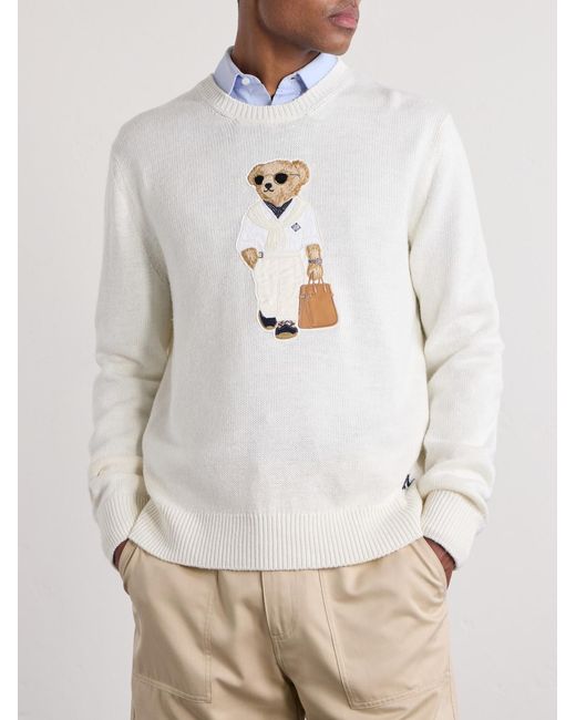 Ralph Lauren White Polo Bear Logo-Appliquéd Leather-Trimmed Knitted Silk And Linen-Blend Sweater for men