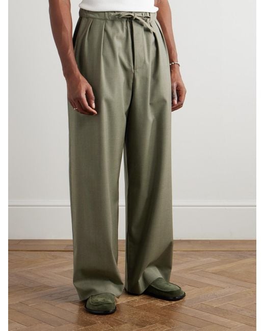 Loewe Green Wide-Leg Logo-Embroidered Pleated Wool Drawstring Trousers for men