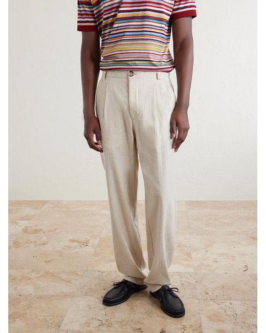 Oliver Spencer White Morton Straight-Leg Pleated Cotton And Linen-Blend Trousers for men