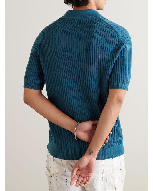 Frescobol Carioca Blue Rino Ribbed Cotton And Cashmere-blend Polo Shirt for men