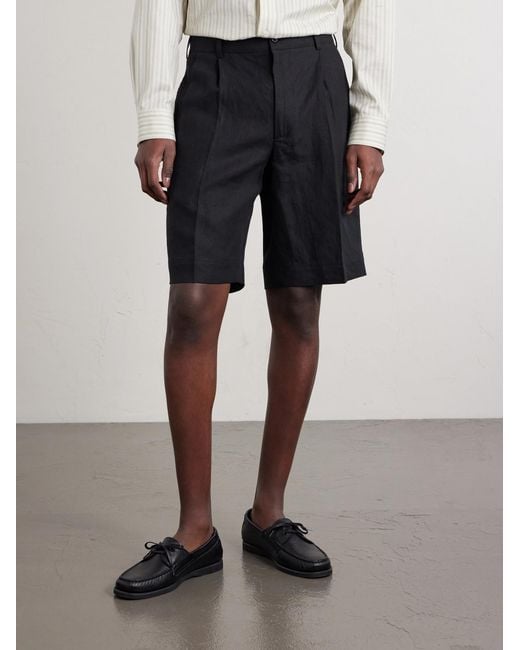 Rubinacci Black Straight-Leg Pleated Linen Shorts for men