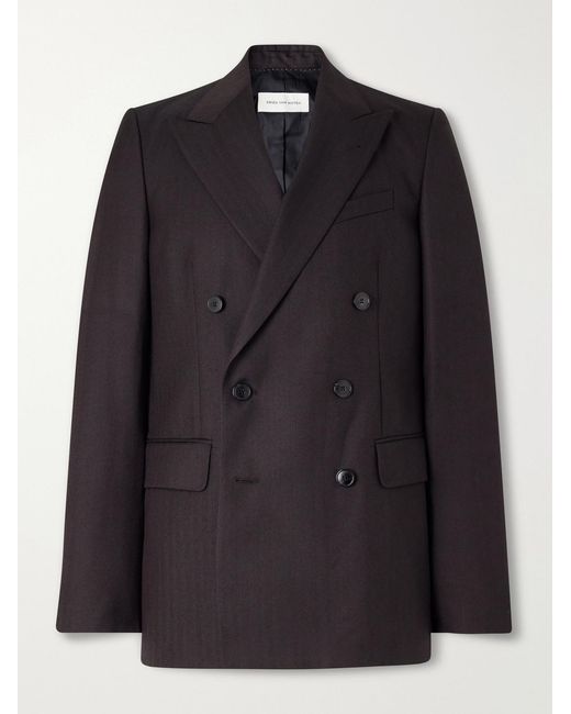 Dries Van Noten Black Double-Breasted Herringbone Wool Blazer for men