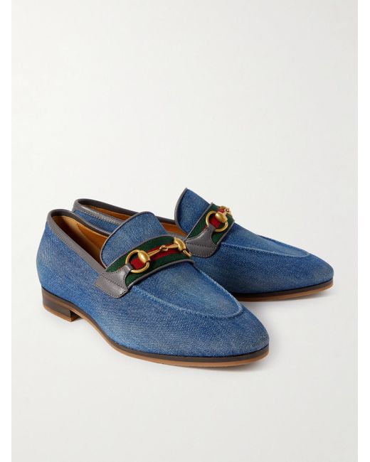 Gucci Blue Paride Leather-trimmed Denim Horsebit Loafers for men