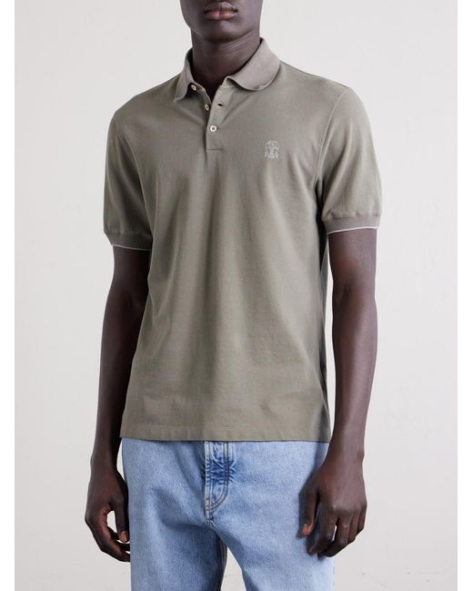 Brunello Cucinelli Gray Logo-Print Cotton-Piqué Polo Shirt for men