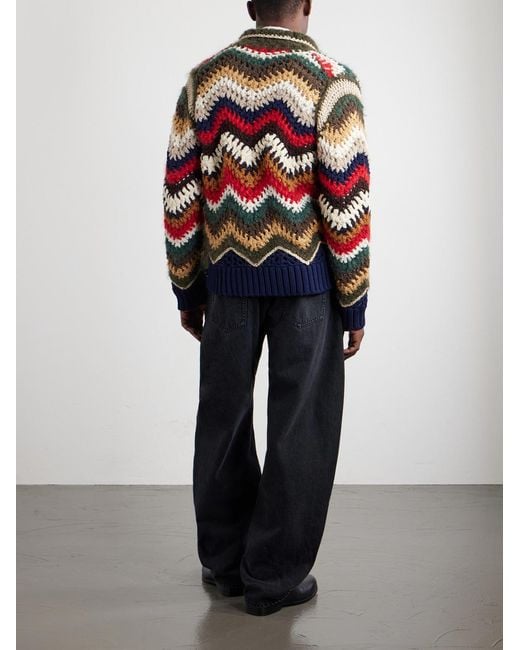 Sacai Red Striped Crocheted Zip-Up Cardigan for men