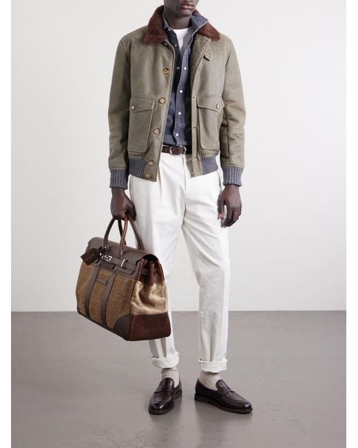 Brunello Cucinelli Brown Herringbone Canvas And Leather Weekend Bag for men