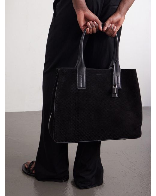Tom Ford Black Perforated Suede Tote Bag for men