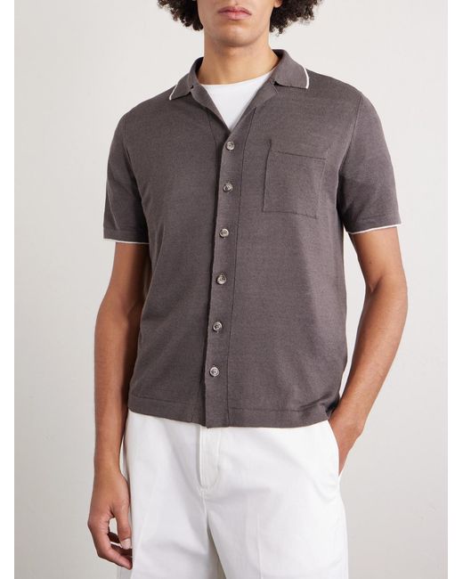 Fedeli Brown Camp-collar Contrast-tipped Linen And Cotton-blend Shirt for men