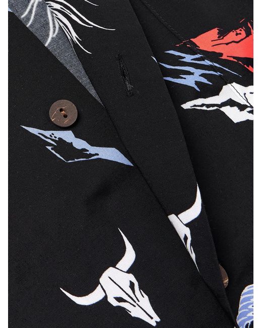 Wacko Maria Black Convertible-collar Printed Woven Shirt for men