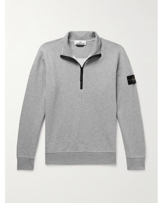 Stone Island Gray Logo-Appliquéd Garment-Dyed Cotton-Jersey Half-Zip Sweatshirt for men