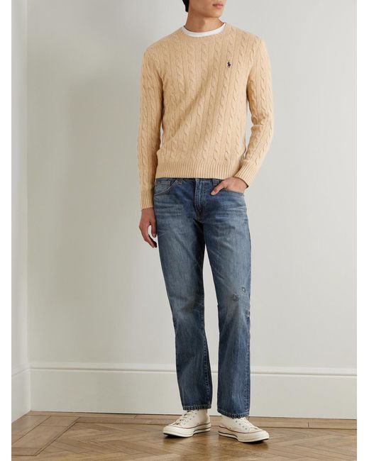 Polo Ralph Lauren Natural Logo-Embroidered Cable-Knit Wool And Cashmere-Blend Sweater for men