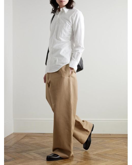 Thom Browne White Slim-Fit Button-Down Collar Logo-Appliquéd Cotton Oxford Shirt for men