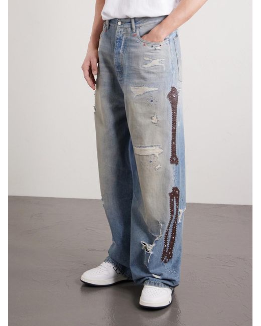 Amiri Blue Straight-leg Distressed Studded Jeans for men