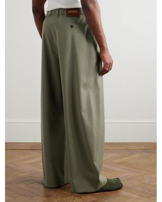 Loewe Green Wide-Leg Logo-Embroidered Pleated Wool Drawstring Trousers for men