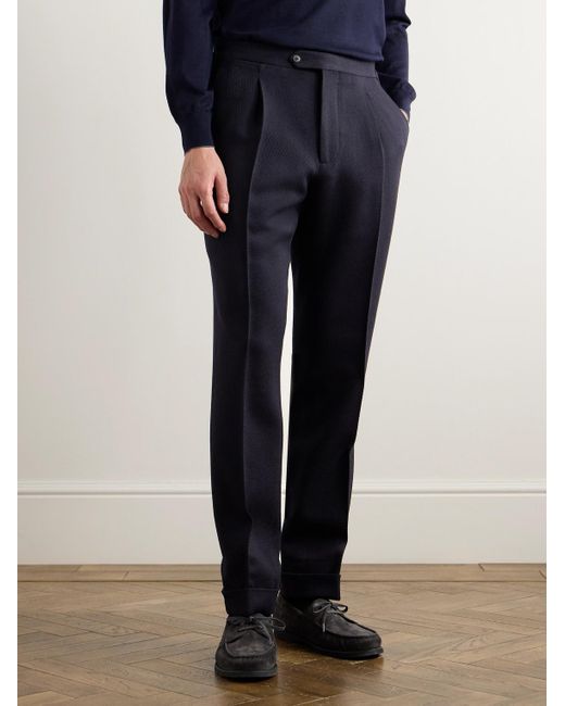 Saman Amel Blue Straight-Leg Pleated Wool Suit Trousers for men