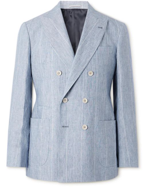 Brunello Cucinelli Blue Double-breasted Striped Linen Suit Jacket for men