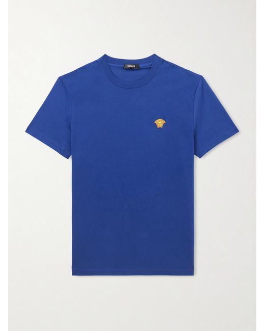 Versace Blue Logo-Embroidered Cotton-Jersey T-Shirt for men