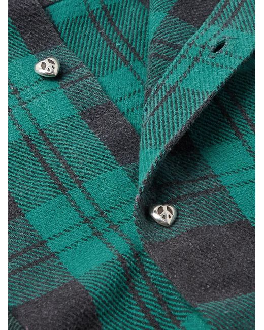 READYMADE Green Button-Down Collar Patchwork Checked Cotton-Flannel Shirt for men