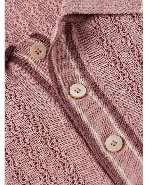 Piacenza 1733 Pink Striped Pointelle-Knit Silk And Linen-Blend Polo Shirt for men