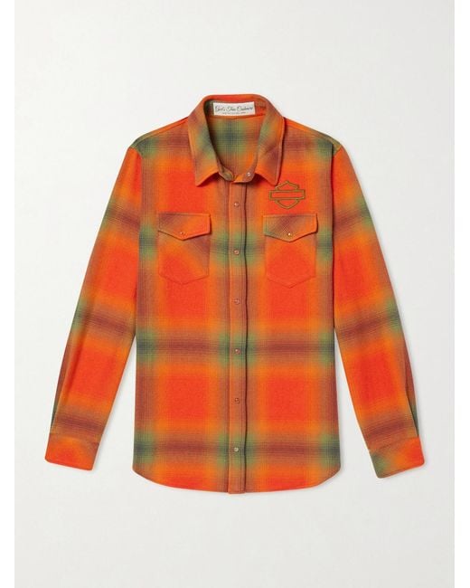 God's True Cashmere Orange Harley-Davidson Logo-Embroidered Checked Cashmere-Flannel Shirt for men
