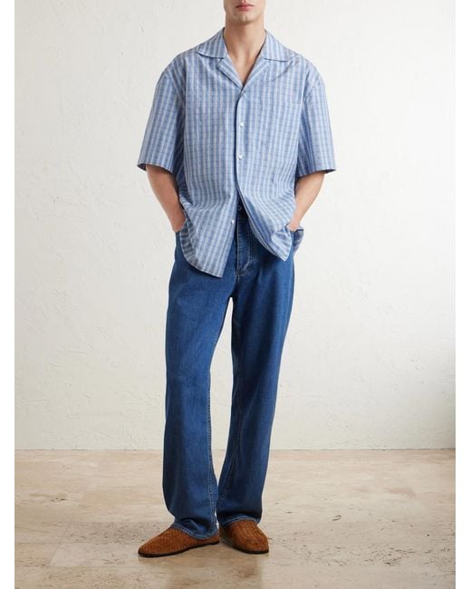 Bottega Veneta Blue Camp-collar Logo-embroidered Checked Cotton And Silk-blend Shirt for men