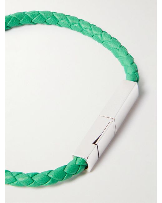 Bottega Veneta Green Braided Leather And Sterling Bracelet for men