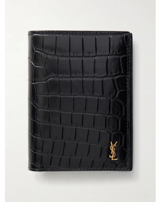 Saint Laurent Black Tiny Cassandre Logo-Appliquéd Croc-Effect Leather Bifold Wallet for men