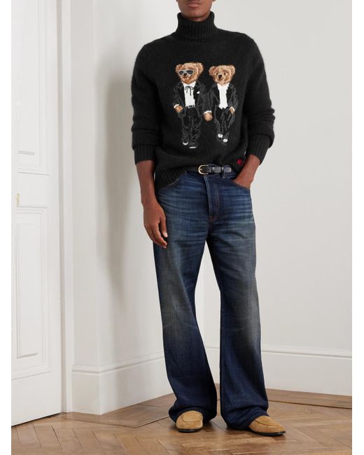 Polo Ralph Lauren Black Embroidered Rib-Detailed Brushed Jacquard-Knit Rollneck Sweater for men