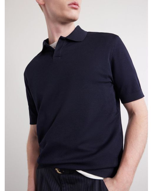 Altea Blue Pierre Honeycomb-Knit Cotton-Piqué Polo Shirt for men