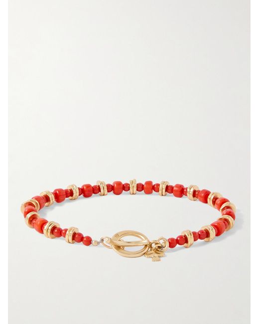 Peyote Bird Red Fox Gold-plated Coral Beaded Bracelet for men