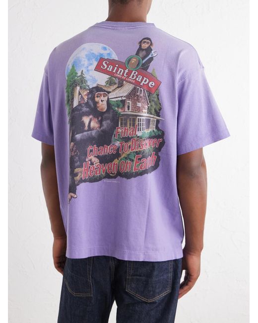 SAINT Mxxxxxx Purple Bape House Paint-Splattered Printed Cotton-Jersey T-Shirt for men