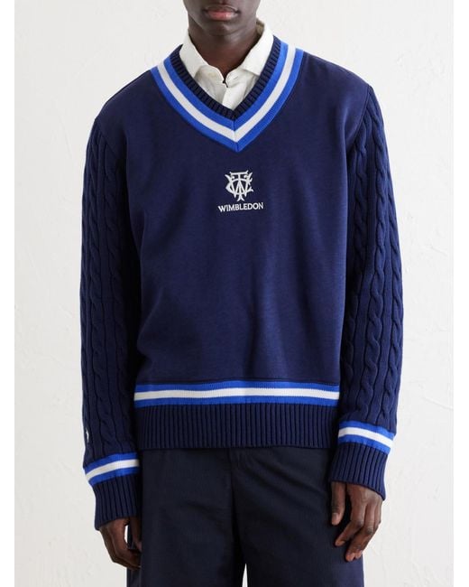 Polo Ralph Lauren Blue Wimbledon Logo-Embroidered Cable-Knit Cotton-Blend Fleece Sweater for men