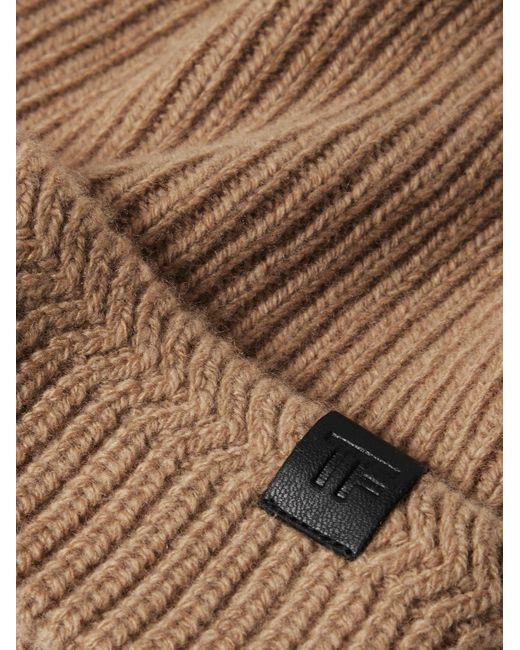 Tom Ford Natural Leather-trimmed Ribbed Wool And Cashmere-blend Beanie