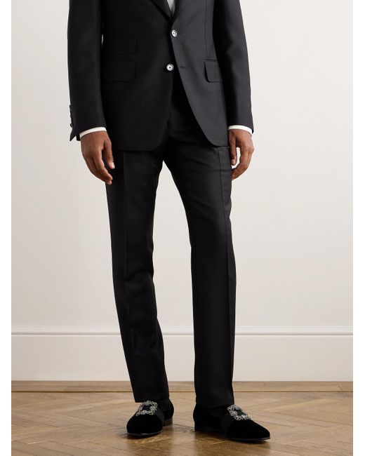 Manolo Blahnik Black Carlton Crystal-Embellished Grosgrain-Trimmed Velvet Loafers for men