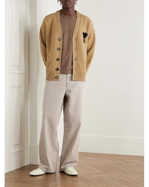 AMI Cardigan aus Schurwolle mit Intarsienlogomotiv in Natural für Herren