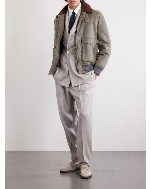 Brunello Cucinelli Brown Shearling Bomber Jacket for men