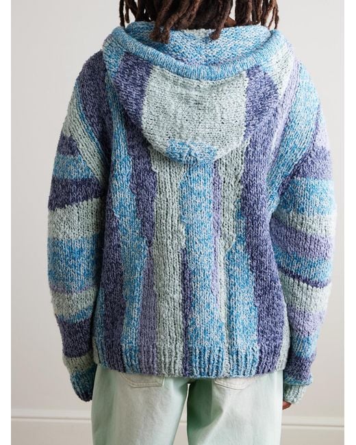 The Elder Statesman Blue Tasselled Striped Crocheted Organic Cotton Hoodie for men